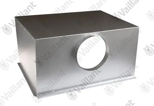 Metallene Strömungssicherung in rechteckiger Form mit runder Öffnung, beschriftet mit Vaillant-Logo, für Heizungs- oder Lüftungsanlagen.